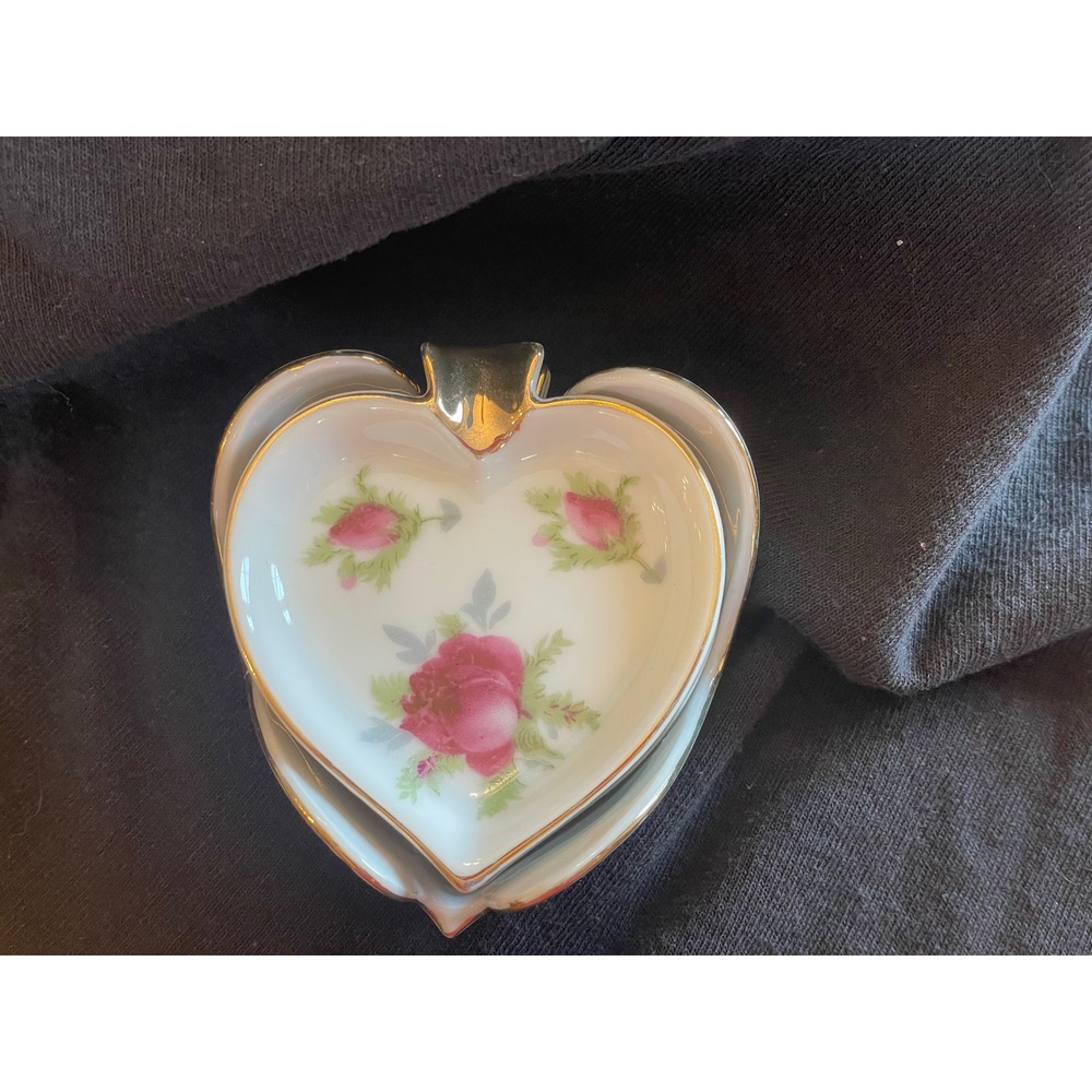 Vintage Lefton Jensens Gifts Heart Porcelain Rose Trinket Bowl & 3 Ashtrays Set - Picture 13 of 14